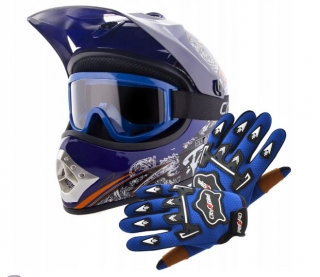 Atv dětský moto cross set: modrá helma XS (51-52), rukavice a brýle